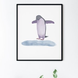 Watercolor Jumping Adélie Penguin Bird Ice Arctic Playful Purple Blue Navy Violet Digital Art Download Home Nursery Playroom Kids Decor