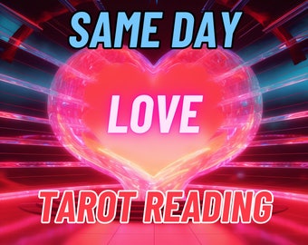 Może przedstawiać: Lśniące czerwone serce z napisem "LOVE" w środku, otoczone neonowymi światłami. Tekst "SAME DAY LOVE TAROT READING" znajduje się u góry i na dole obrazu.