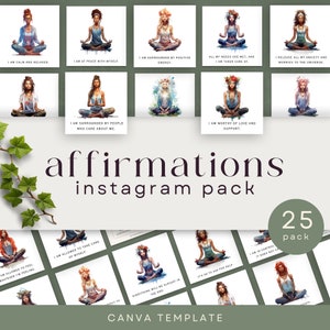 May include: A set of 25 Instagram post templates featuring watercolor illustrations of a woman meditating with affirmations. The affirmations include "I am calm and relaxed", "I am at peace with myself", "I am surrounded by positive energy", "All my needs are met, and I am taken care of", "Release all my anxiety and worries to the universe", "I am surrounded by people who care about me", "I am worthy of love and support", "I am allowed to feel whatever I'm feeling", "I am allowed to take care of myself", "It's ok to ask for help", "I am in control, it does not control me", "Everything will be alright in the end".