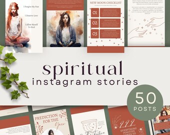 Könnte beinhalten: Ein Set mit 50 Instagram-Story-Vorlagen für spirituellen Content. Die Vorlagen bieten eine Vielzahl von Designs, darunter Illustrationen von Sternen, Monden und Händen sowie Text, der zur Selbstreflexion und zum positiven Denken anregt. Die Vorlagen sollen Nutzern helfen, ansprechende und inspirierende Inhalte für ihre Follower zu erstellen.