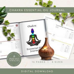 May include: A Chakra Essential Oil Journal with a detailed illustration of a person meditating with chakra colors. The journal includes pages for essential oil recipes and is accompanied by a wooden essential oil diffuser. The text reads "Instant Download" and "Digital Download".