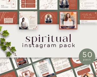 Könnte beinhalten: Ein Set mit 50 Instagram-Post-Vorlagen für spirituelle Inhalte. Die Vorlagen bieten eine Vielzahl von Designs, darunter Illustrationen von Monden, Sternen und Händen sowie Textüberlagerungen mit Sätzen wie "New Moon Checklist", "Prediction for the Year" und "Daily Reminder".