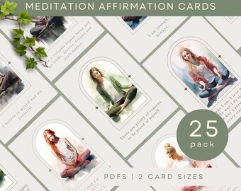May include: A set of 25 printable meditation affirmation cards featuring watercolour illustrations of people meditating. The cards are designed to help you practice self-love and positive affirmations. The text on the cards includes phrases like "I am enough. Always." and "There are plenty of reasons to be proud of myself."