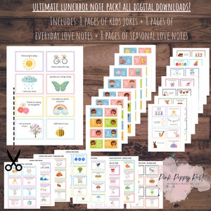 May include: A set of printable lunchbox notes with colorful illustrations and positive messages. The notes include jokes, everyday love notes, and seasonal love notes. The notes are designed to be printed and cut out for use in lunchboxes.