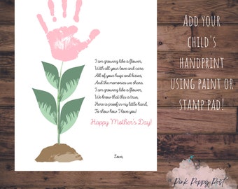 Souvenir de la fête des mères, oeuvre d'art de l'empreinte de main, création facile pour la fête des mères, impression personnalisée pour la fête des mères, oeuvre d'art empreinte de main, fleur pour la fête des mères