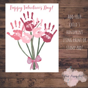 Valentinstag Andenken Kunst, Valentinstag druckbarer Blumenstrauß, einfaches Handabdruck-Handwerk für Kinder, Valentinstags-Andenken - druckbares Produkt