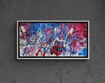 Pittura acrilica astratta originale, disponibile con cornice galleggiante, stile Jackson Pollock rosso, bianco, blu - di PiraLeila