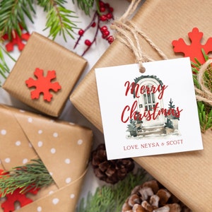 Personalized Holiday Gift Tag - Custom Holiday Gift Tag - Watercolor White Door Christmas Gift Tag - Xmas Gift Tag - Christmas Wreath Tag
