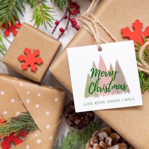 Etiqueta de presente personalizada de árvores de Natal coloridas - Etiqueta de presente de feriado personalizada - Etiqueta de presente de feriado - Etiqueta de presente de Natal - Etiqueta de guirlanda de Natal - Família