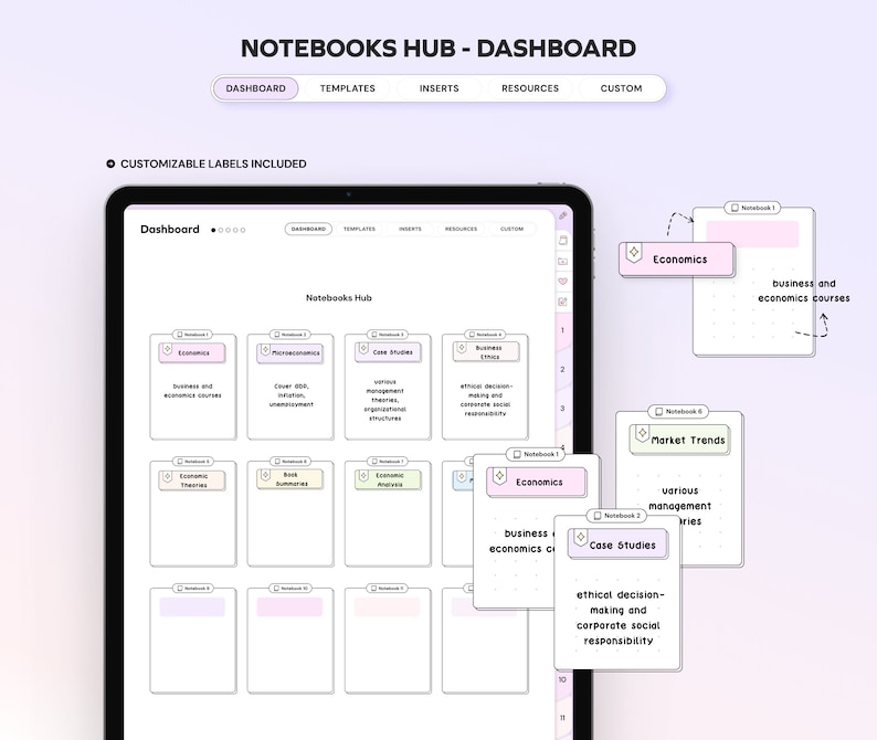 May include: A digital dashboard with a grid of 12 squares, each representing a notebook. The notebooks are labelled with topics related to business and economics, such as "Economics", "Microeconomics", "Case Studies", "Business Ethics", "Economic Theories", "Business Summaries", "Economic Analysis", and "Market Trends".