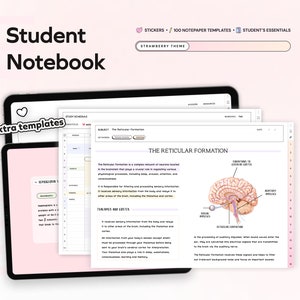 Könnte beinhalten: Ein digitales Tablet zeigt ein Studenten-Notizbuch mit Erdbeer-Thema. Das Notizbuch enthält einen Stundenplan, einen Abschnitt über die Formatio reticularis des Gehirns und zusätzliche Vorlagen. Der Abschnitt über die Formatio reticularis enthält ein Diagramm des Gehirns mit Beschriftungen für auditorische Impulse, visuelle Impulse und Emotionen auf externe Reize.