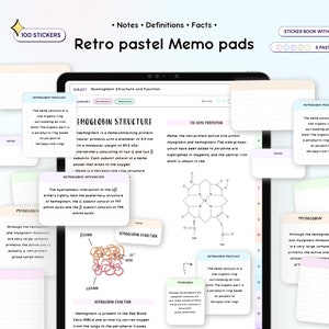 以下が含まれることがあります： パステルカラーのメモとヘモグロビン構造の図が描かれたデジタルプランナーのページ。ページには、「ヘモグロビンの構造と機能」と「ヘモグロビンポリシー」というテキストが含まれています。