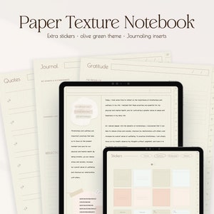 May include: A digital tablet displaying a page from a printable notebook with a paper texture. The page is titled "Gratitude" and features a section for journaling with the text "I'm grateful for..." The notebook also includes pages for quotes, journaling, and reflections. The tablet is on a table with a stack of paper notebooks in the background. The notebooks are all in a cream color with a subtle grid pattern.
