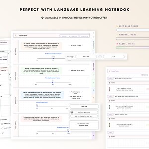 May include: A language learning notebook with a light blue, natural, and pastel theme. The notebook includes sections for daily tasks, progress tracking, monthly overview, and notes. The notebook features a section on English tenses with examples of the present continuous, simple present, simple past, and simple future tenses.