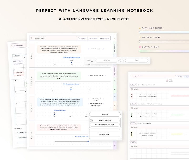 May include: A language learning notebook with a light blue, natural, and pastel theme. The notebook includes sections for daily tasks, progress tracking, monthly overview, and notes. The notebook features a section on English tenses with examples of the present continuous, simple present, simple past, and simple future tenses.