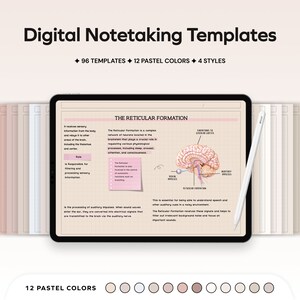 May include: A digital tablet displaying a note-taking template with a diagram of the reticular formation of the brain. The template is on a gridded background with a pastel pink color scheme. The text "THE RETICULAR FORMATION" is visible at the top of the template. The image also shows a stylus and a stack of digital note-taking templates in various pastel colors.