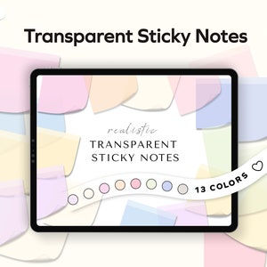 May include: A digital illustration of 13 transparent sticky notes in various pastel colors. The notes are arranged in a semi-circle around the text "realistic TRANSPARENT STICKY NOTES" and "13 COLORS".