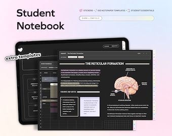 Student Digital Notebook, Dark Mode Note Paper Hyperlinked Notetaking Study Templates Notepad Goodnotes Notability iPad College Academic