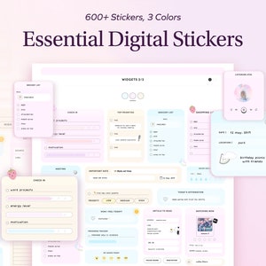 Essential Cute Digital Stickers for planner Goodnotes Widget Sticker Book ipad Digital Widgets and memo notes daily essential pastel labels