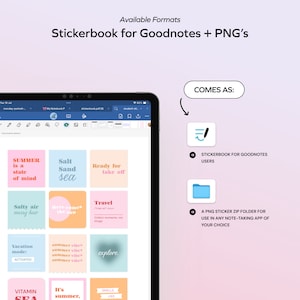 May include: A digital tablet displaying a stickerbook for the Goodnotes app. The stickerbook features a variety of summer-themed stickers with text such as "Summer is a state of mind", "Salt Sand Sea", "Ready for take off", "Salty air messy hair", "Here comes the sun", "Travel", "Vacation mode: ACTIVATED", "Summer vibes", "Explore", "Vitamin Sea", "It's summer", and "Smells like". The image also shows a folder icon representing a PNG sticker zip folder for use in any note-taking app.