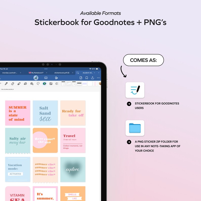 May include: A digital tablet displaying a stickerbook for the Goodnotes app. The stickerbook features a variety of summer-themed stickers with text such as "Summer is a state of mind", "Salt Sand Sea", "Ready for take off", "Salty air messy hair", "Here comes the sun", "Travel", "Vacation mode: ACTIVATED", "Summer vibes", "Explore", "Vitamin Sea", "It's summer", and "Smells like". The image also shows a folder icon representing a PNG sticker zip folder for use in any note-taking app.