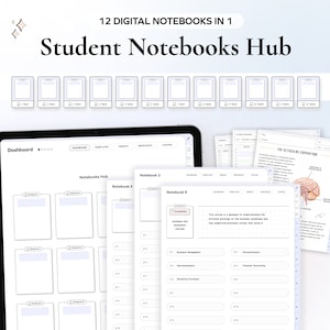 May include: A screenshot of a digital notebook app interface with the text "Student Notebooks Hub" and "12 Digital Notebooks in 1" at the top. The app has a dashboard with a grid of 12 blank notebooks, each labeled with a number. The app also has a section for templates, assets, resources, and custom settings.