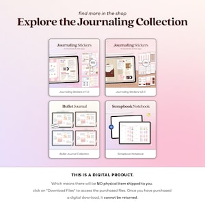 Puede incluir: Imagen promocional de productos de diario digital, incluyendo sets de pegatinas, un bullet journal y un cuaderno de scrapbook. La imagen presenta maquetas de tabletas digitales con diferentes dise&ntilde;os. El texto dice "Explore the Journaling Collection" y detalles del producto.