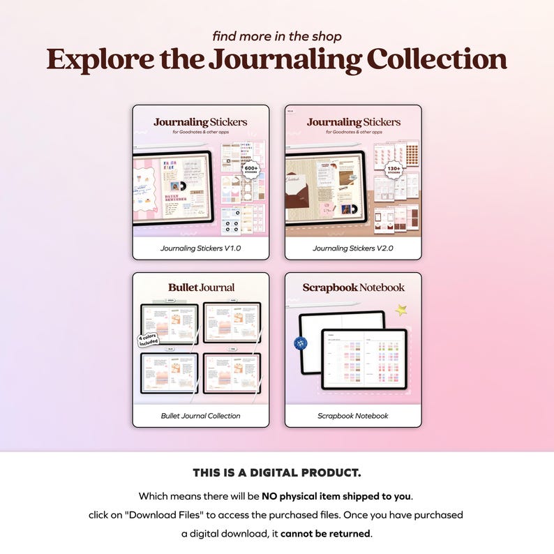 Puede incluir: Imagen promocional de productos de diario digital, incluyendo sets de pegatinas, un bullet journal y un cuaderno de scrapbook. La imagen presenta maquetas de tabletas digitales con diferentes dise&ntilde;os. El texto dice "Explore the Journaling Collection" y detalles del producto.