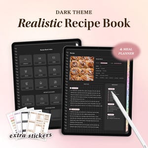May include: A digital planner with a dark theme, featuring a recipe book index and a meal planner. The planner has a black background with white text and icons. The image shows a recipe for cinnamon rolls with a photo of the finished product. The planner also includes extra stickers.