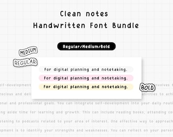 Puede incluir: Un paquete de fuentes digitales con tres estilos diferentes: regular, mediano y negrita. La fuente es manuscrita y es ideal para la planificación digital y la toma de notas. El texto "Clean notes Handwritten Font Bundle" se muestra en la parte superior de la imagen.