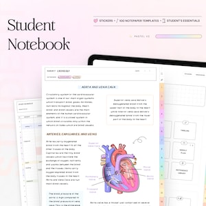 May include: A student notebook with a pastel pink, blue, and yellow color scheme. The notebook features a page with a diagram of the human heart and a description of the aorta and vena cava. The notebook also includes a study schedule, timeline, weekly plan, and reference library sections.