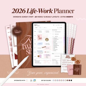 Agenda numérique 2026 pour iPad, compatible avec Goodnotes et Notability. Calendrier hyperlié, modèle hebdomadaire minimaliste, format portrait, avec autocollants.