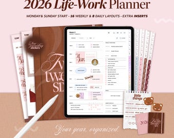 2026 Digital Life Work Planner for iPad, Goodnotes, Notability, Hyperlinked Calendar, Minimalist Weekly Template, Portrait Planner, Stickers