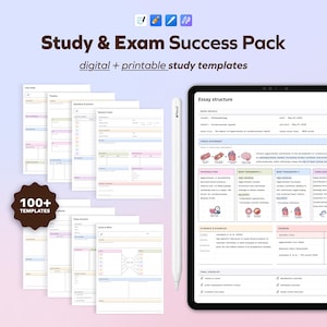May include: A digital and printable study and exam success pack featuring over 100 templates. The set includes various document layouts for case studies, timelines, and essay structures, displayed alongside a tablet and a white stylus pen.