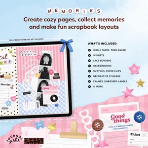 Puede incluir: Dise&ntilde;o de &aacute;lbum de recortes digital con detalles en rosa y azul, con cintas washi, widgets, bordes de encaje y pegatinas decorativas. La imagen incluye el texto "MEMORIES" y "Good things".