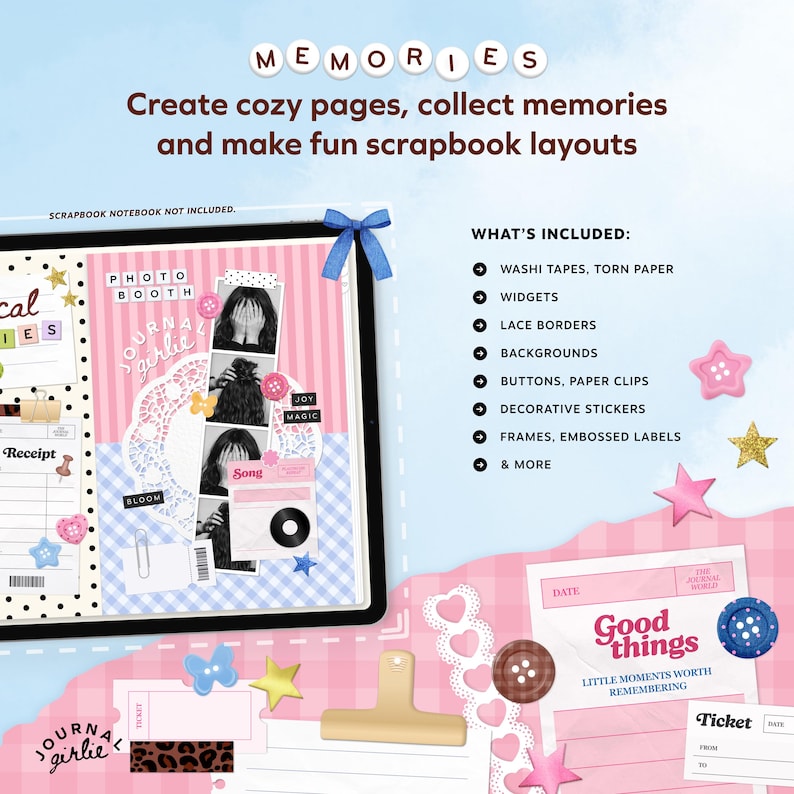 Puede incluir: Dise&ntilde;o de &aacute;lbum de recortes digital con detalles en rosa y azul, con cintas washi, widgets, bordes de encaje y pegatinas decorativas. La imagen incluye el texto "MEMORIES" y "Good things".