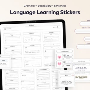 May include: A set of printable language learning stickers for vocabulary, grammar, and sentences. The stickers feature a black and white design with a grid pattern and text boxes for writing words and phrases.
