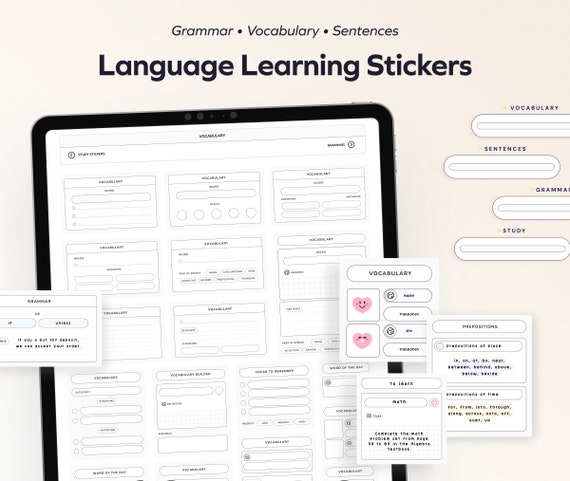 Study Digital Stickers for Goodnotes Language Learning Minimalist Sticker Book Planner Widgets Vocabulary Grammar Learn Korean collage iPad