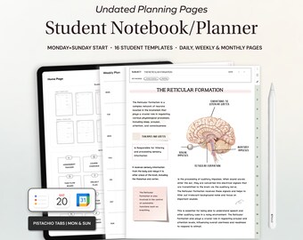 Student ongedateerd planner en notitieboek, dagelijkse wekelijkse maandelijkse planner voor Goodnotes, aanpasbare sjablonen voor notities, academische student iPad