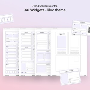 May include: A set of printable travel planner widgets in a lilac theme. The widgets include a boarding pass, packing checklist, toiletries list, travel plan, memories, places to go, city guide, and local attractions.