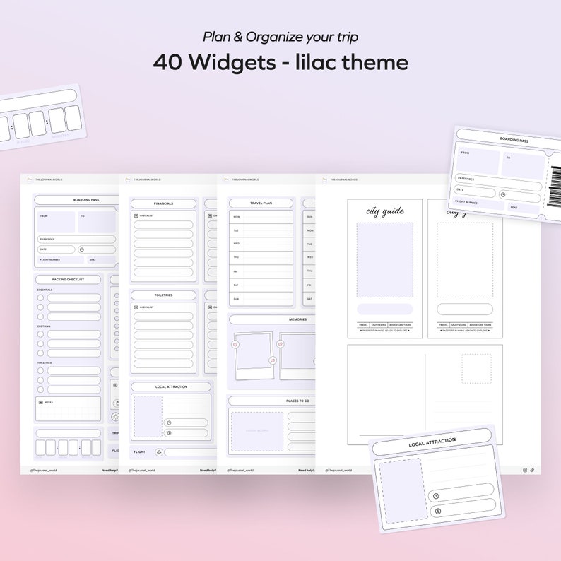 May include: A set of printable travel planner widgets in a lilac theme. The widgets include a boarding pass, packing checklist, toiletries list, travel plan, memories, places to go, city guide, and local attractions.