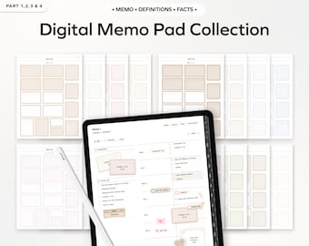 May include: A digital memo pad collection with a variety of templates, including a weekly planner, a to-do list, and a memo pad. The templates are designed in a minimalist style with a light brown, pink, and blue color scheme. The text "Digital Memo Pad Collection" is displayed at the top of the image.