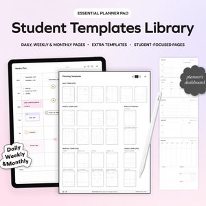 May include: A digital planner pad featuring a library of student templates. The templates include daily, weekly, and monthly pages, as well as extra templates and student-focused pages. The planner is displayed on a tablet screen and a white stylus is shown next to it.