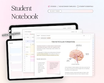 Puede incluir: Una página de cuaderno digital con un horario de estudio, secciones y un diagrama de la formación reticular del cerebro. La página se titula "La formación reticular" e incluye texto sobre la función de la formación reticular en el cerebro.