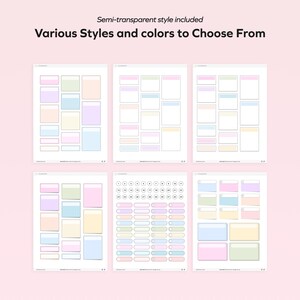 K&ouml;nnte beinhalten: Sechs bedruckbare Bl&auml;tter mit Notizpapier in Pastellfarben mit verschiedenen Formen und Gr&ouml;&szlig;en von leeren K&auml;stchen und Kreisen. Der Text "Various Styles and colors to Choose From" befindet sich oben im Bild.