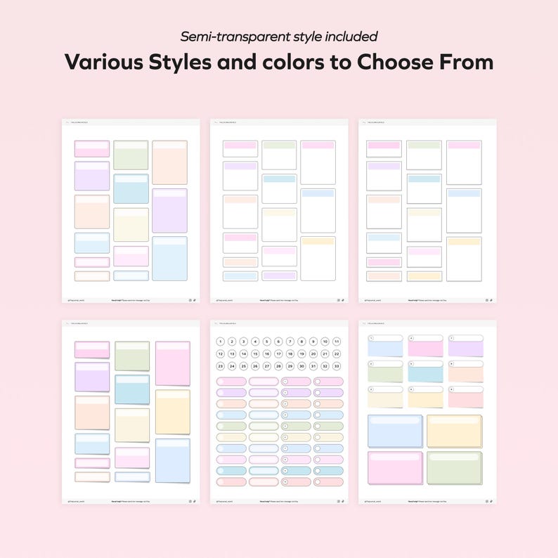 K&ouml;nnte beinhalten: Sechs bedruckbare Bl&auml;tter mit Notizpapier in Pastellfarben mit verschiedenen Formen und Gr&ouml;&szlig;en von leeren K&auml;stchen und Kreisen. Der Text "Various Styles and colors to Choose From" befindet sich oben im Bild.