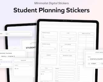May include: A set of digital stickers for student planning. The stickers are black and white and feature various sections for tracking reading, progress, study sessions, and weekly study plans. The stickers are designed to be used on a digital planner or calendar.