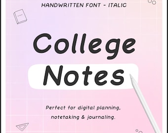 Puede incluir: Una ilustración digital de una fuente manuscrita en estilo cursiva. La fuente se utiliza para crear las palabras "College Notes" sobre un fondo de cuadrícula rosa y blanco. El texto "Perfecto para la planificación digital, la toma de notas y la elaboración de diarios." está debajo de las palabras "College Notes".