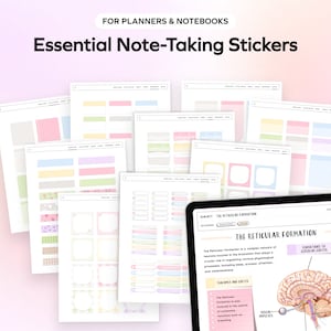 Könnte beinhalten: Ein Satz bedruckbarer Planer-Aufkleber in Pastellfarben mit verschiedenen Designs, darunter Kästchen, Banner und gemusterte Ränder. Die Aufkleber sind für das Notieren und Organisieren gedacht.