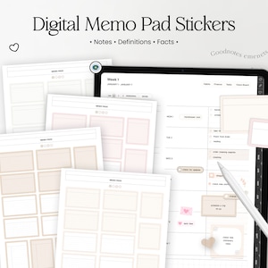 Op de afbeelding: Digitale memopad-stickers in neutrale kleuren, waaronder beige en roze, met de tekst "Digital Memo Pad Stickers" en "Notes Definitions Facts". De stickers zijn ontworpen voor digitale planning en notities, met een tablet en stylus.